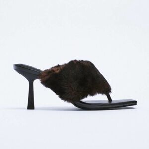 Zara Black Squared Toe Faux Fur Mules Heeled Thong Sandals Heels Sz 6.5